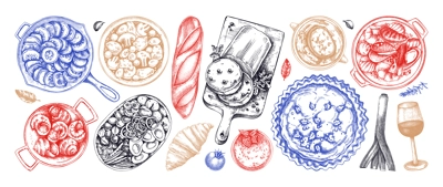French cuisine dishes vintage drawings collection. Traditional food from France sketches set. French restaurant menu design elements. Hand-drawn food illustration, NOT AI generated